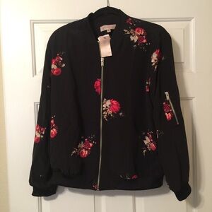 Philosophy Black Bomber Jacket with Red Floral Design